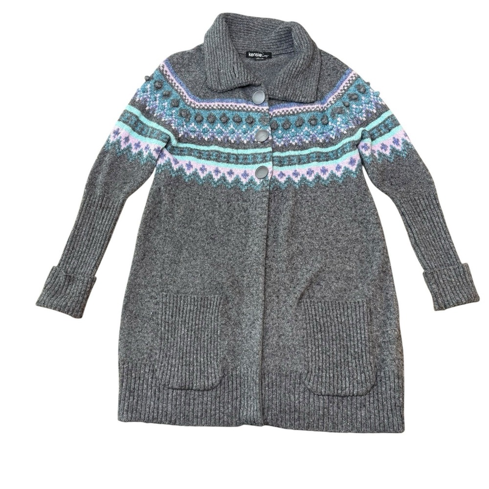Kensie Pretty Gray Fair Isle Longline Cardigan Sweater Bobble Knit Large